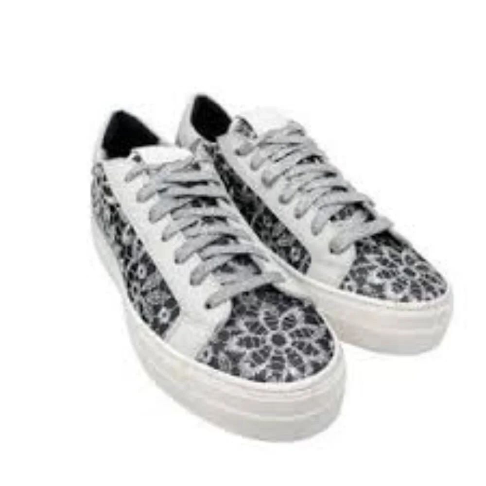 P448 Thea White/Black/Silver Embroidered Flower Low Top Sneakers - Picture 2 of 9